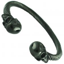 Black PVD Stainless Steel Twisted Cable Bangle W/ Skull Heads